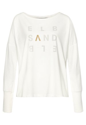 Hvid langærmet skjorte med brede manchetter og bådformet halsudskæring, med "ELBSAND" trykt i lysegrå og guld bogstaver foran.