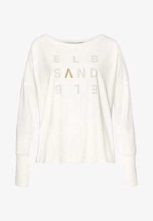 Chemise blanche à manches longues avec larges poignets et encolure bateau, ornée de l'inscription "ELBSAND" en lettres gris clair et dorées sur le devant.