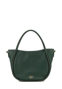 Borsa a mano verde in pelle con due manici, texture liscia, forma arrotondata e un piccolo logo dorato sul davanti. Chiusura con zip sul lato.