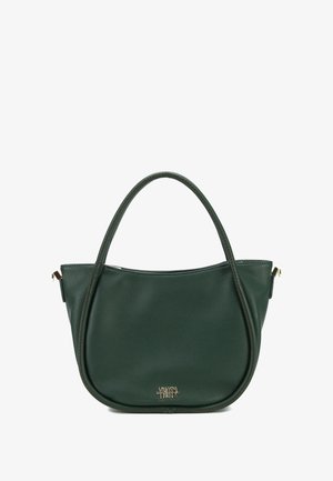 Borsa a mano verde in pelle con due manici, texture liscia, forma arrotondata e un piccolo logo dorato sul davanti. Chiusura con zip sul lato.