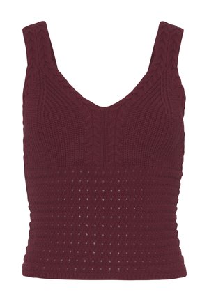 Burgundy knitted crop top with textured cable pattern and a v-neck design. Features a fitted style and open-knit detailing at the waist.
