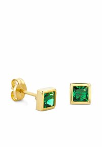 Orecchini a forma di quadrato in oro con grandi pietre verdi dalle superfici sfaccettate, creando un contrasto sorprendente di colore e lucentezza.