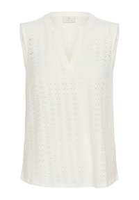 Haut sans manches blanc avec un décolleté en V, présentant un motif en œillets texturé et un ourlet droit. Fabriqué en tissu léger et respirant.
