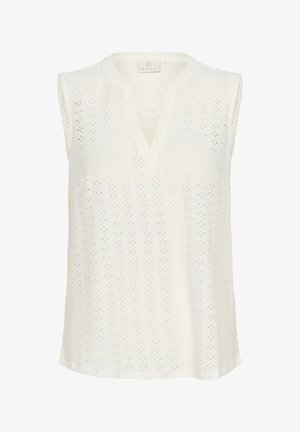 Haut sans manches blanc avec un décolleté en V, présentant un motif en œillets texturé et un ourlet droit. Fabriqué en tissu léger et respirant.