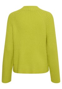 Sweter prążkowany w jasnym limonkowym kolorze, z okrągłym dekoltem i długimi rękawami, o prostym ściągaczu i teksturowanym wykończeniu.