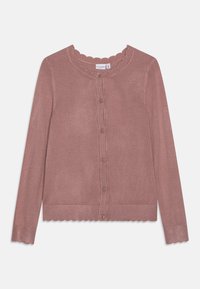 Rosa stickad cardigan med vågig halsringning, sex knappar framtill och vågiga nederkanter vid ärmar och nederkant. Mjuk textur, lång ärm.