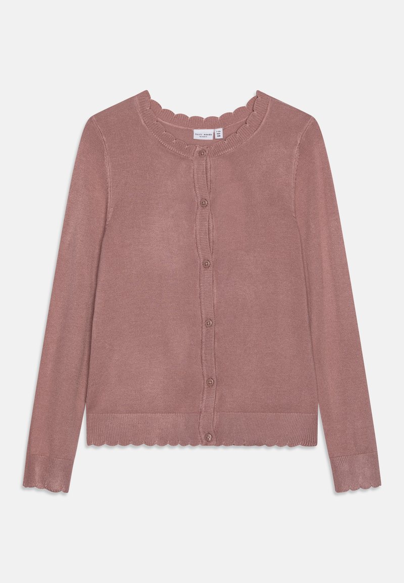 Rosa stickad cardigan med vågig halsringning, sex knappar framtill och vågiga nederkanter vid ärmar och nederkant. Mjuk textur, lång ärm.