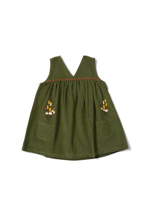 Grünes Cordkleid mit V-Ausschnitt, geraffter Taille und rotem Akzent. Verfügt über zwei Taschen mit floraler Stickerei in Gelb, Weiß und Braun.