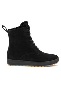 Botas de tobillo de ante negro con cuello de piel sintética, diseño con cordones y suela de goma con surcos texturizados para mayor tracción.