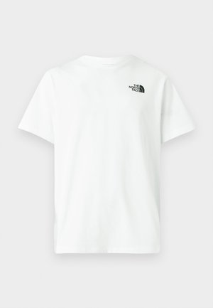 Valge puuvillane lühikeste varrukatega T-särk ümara kaelusega, millel on vasakul rinnal väike must The North Face'i logo.