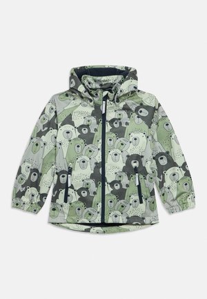 Chaqueta infantil con capucha con estampado de caras de osos en verde, gris y crema, cremallera frontal, puños elásticos y dos bolsillos con cremallera.