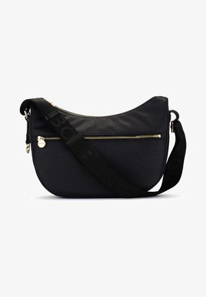 Black synthetic shoulder bag with a pebbled texture, featuring gold zippers, a decorative strap with embossed letters, and a curved shape.