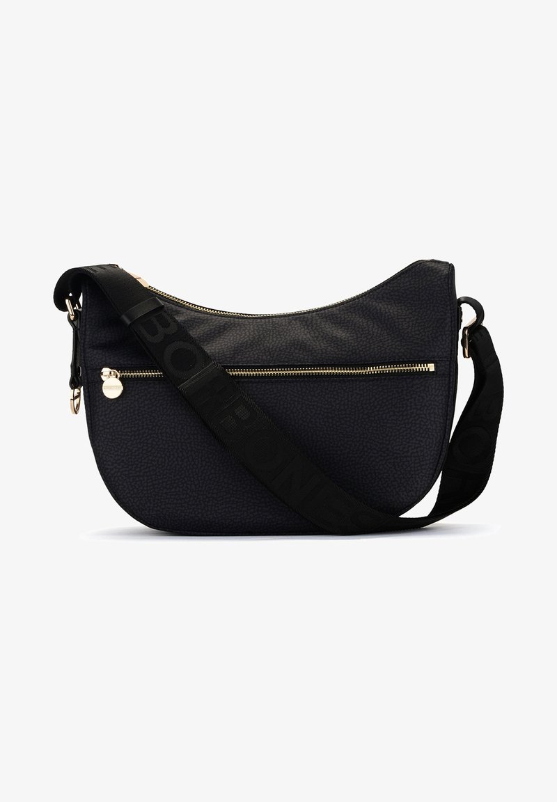 Black synthetic shoulder bag with a pebbled texture, featuring gold zippers, a decorative strap with embossed letters, and a curved shape.