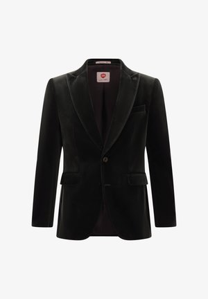 Schwarzer Samtblazer mit Reverskragen, Ein-Knopf-Verschluss, zwei Vorderentaschen und einer Brusttasche. Glatte Textur und taillierte Passform.