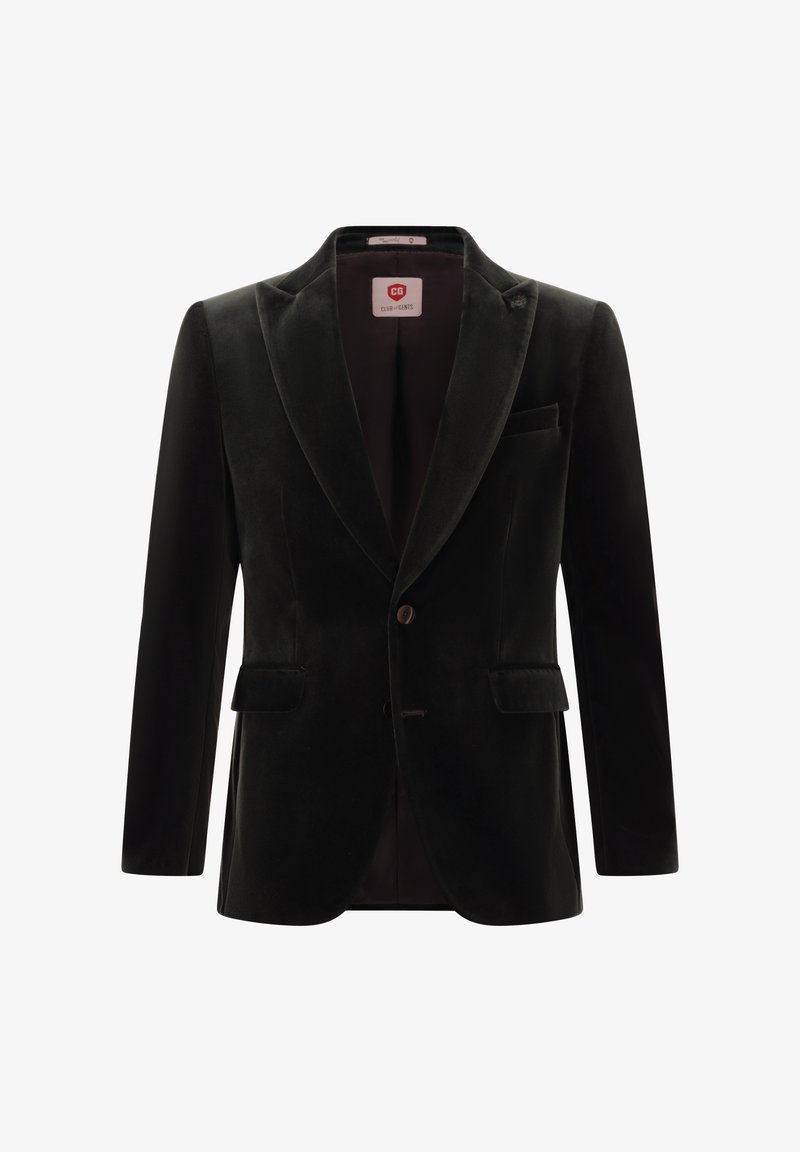 Schwarzer Samtblazer mit Reverskragen, Ein-Knopf-Verschluss, zwei Vorderentaschen und einer Brusttasche. Glatte Textur und taillierte Passform.