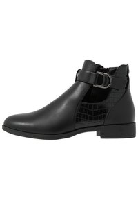 Bottes cheville noires avec une finition en cuir lisse et des accents à motif crocodile, dotées d'une boucle latérale et d'un petit talon empilé.