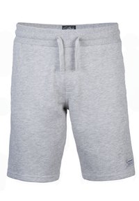 Helles graue Freizeitshorts mit elastischem Bund und Kordelzug, ausgestattet mit einem kleinen Markenlabel am unteren linken Bein.