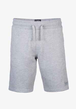 Light gray casual shorts with elastic waistband and drawstring, featuring a small brand label on the lower left leg.