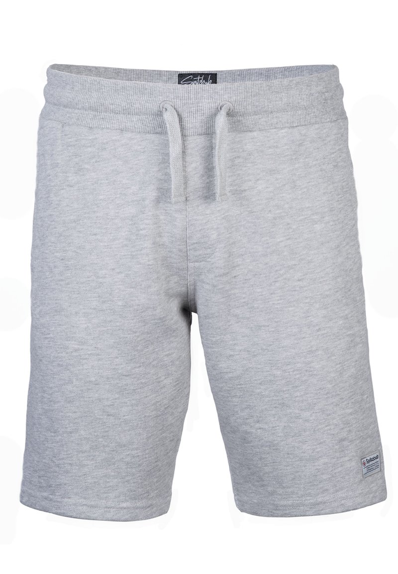 Helles graue Freizeitshorts mit elastischem Bund und Kordelzug, ausgestattet mit einem kleinen Markenlabel am unteren linken Bein.