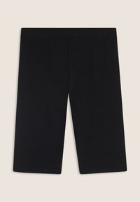 Pantalones cortos de ciclismo de tejido elástico negro con una textura suave, de longitud media hasta el muslo y una cinturilla elástica. Diseño simple sin acentos visibles.