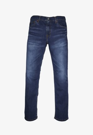 Dunkelblaue Jeans aus Denim mit geradem Beinschnitt, fünf Taschen und orangefarbenen Nähten, mit einem Knopf- und Reißverschluss.