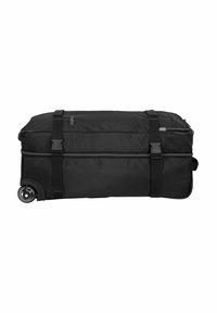 Borsa duffel nera a lato morbido con ruote, dotata di cinghie di compressione, chiusura con zip e ruota singola visibile su sfondo bianco.