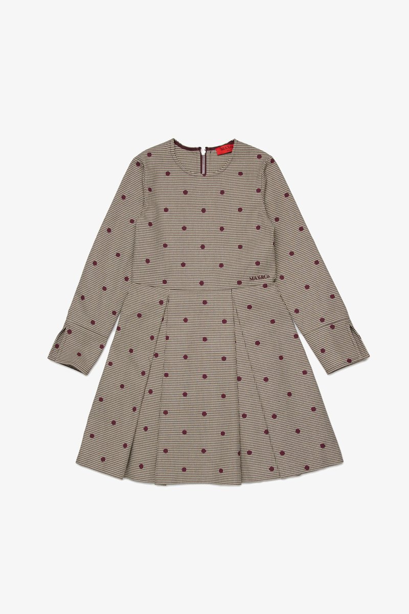 Braun kariertes Kleid mit langen Ärmeln, rundem Ausschnitt und maroonfarbenem Punktenmuster. Mit einem Reißverschluss hinten und einem plissierten Rock. Etikett an der Taille.
