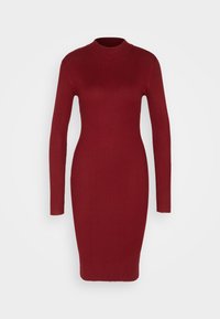 Rotes geripptes Strickkleid mit langen Ärmeln, hohem Ausschnitt und körperbetonter Form, mit einer glatten Textur und knielangem Saum.