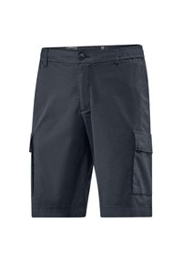 Shorts cargo, colore blu navy scuro, realizzati in tessuto leggero, dotati di tasche laterali, vita elastica e chiusura con bottone.