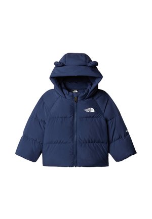 Tumszila polsterēta toddler jaka ar priekšējo rāvējslēdzēju, kapuci ar mazām auduma ausīm un The North Face logotipu krūtīs.