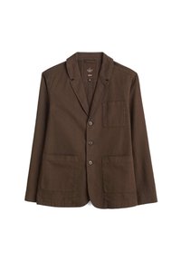 Brun blazer lavet af tekstureret stof. Har en spids krave, tre knapper og to frontlommer. Enkel design, helt foret.