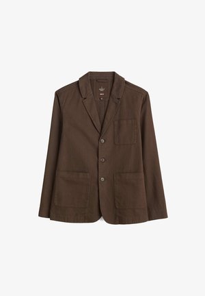 Bruine blazer gemaakt van textuurstof. Heeft een geknikte kraag, drie knopen en twee voorkouchels. Eenvoudig ontwerp, volledig gevoerd.
