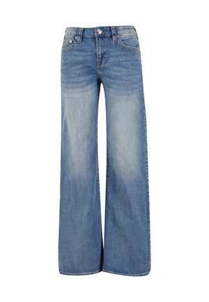 Wijd gesneden blauwe denim jeans met een lichte wassing, voorzien van een traditionele vijf-pocket stijl, knoopsluiting en subtiele vervaging aan de voorkant.