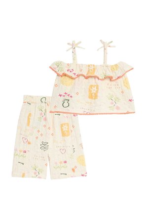 Pige to-delt let stof s ærmeløs flæset top og elastiske talje-shorts med farverige blomster- og solmønstre.