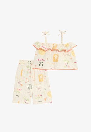 Pige to-delt let stof s ærmeløs flæset top og elastiske talje-shorts med farverige blomster- og solmønstre.