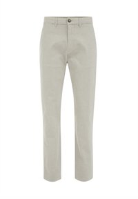 Svetlo sivi bombažni hlače s slim fit krojem, z gumbnim zapiranjem, zankami za pas in gladko teksturo.