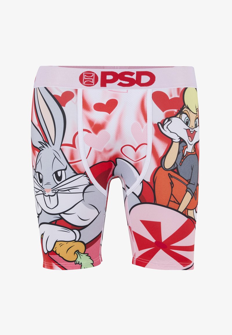 Boxer homme avec Bugs Bunny tenant une carotte et Lola Bunny assise, entourés de formes de cœurs rouges et roses ainsi que d'un motif de menthe poivrée.