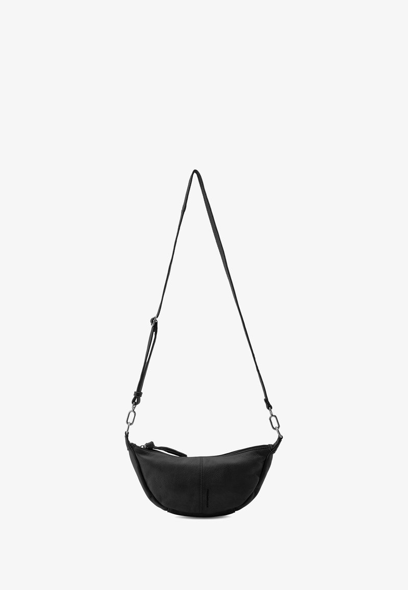 Borsa a spalla in pelle nera con forma curvata, tracolla regolabile, chiusura con zip e dettagli delle cuciture sottili. Texture liscia.