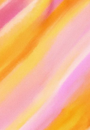 Zachte stof met diagonale strepen die oranje, roze en gele tinten vermengen en een vloeiende, warme verloopstructuur creëren.