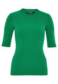 Zelený proužkovaný pletený top s kulatým výstřihem a krátkými rukávy, s přiléhavým střihem a jemnou texturou.