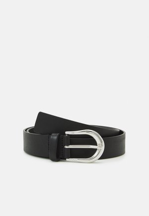 Black leather belt featuring a shiny silver double-prong buckle, smooth texture, and a minimalist design with a tapered end.
