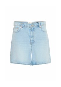 Shorts de mezclilla azul claro con cintura alta, cierre frontal de botón y cuatro bolsillos. Presentan desvanecimiento y un ajuste relajado.