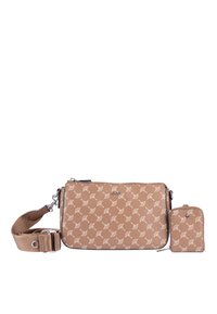 Brun syntetisk crossbody taske med et gentaget hvidt mønster, med lynlåslukning, justerbar rem og en aftagelig lille pung.