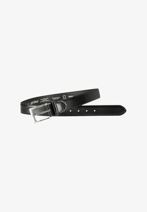 Zwarte leren riem met een zilveren metalen gesp, slank ontwerp, verschillende gaten voor aanpassing en een gladde textuur. Verfraaid met stikdetails.