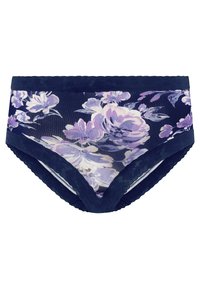 Damesonderbroeken in marineblauw met paarse en witte bloemenpatronen en gevederde kanten rand aan de taille en bij de pijpjes.