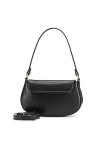 Czarna skórzana torebka o zakrzywionym kształcie, z krótkim uchwytem i odpinanym paskiem. Posiada przednią kieszeń z klapką oraz gładką fakturę.