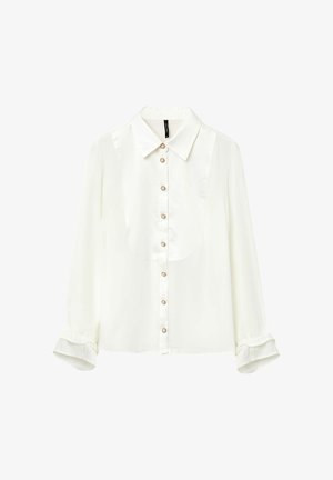 Weiße Bluse mit langen Ärmeln und Rüschensaum, mit Perlen versehenen Knöpfen vorne, spitzen Kragen und einer glatten, satinartigen Oberfläche.