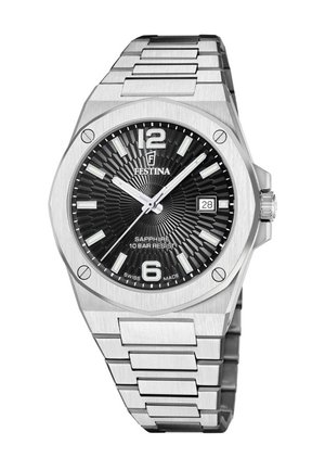 Silver metal Festina wristwatch with black textured dial, luminous hands, date display, and numbered 12 and 6 markers, stainless steel bracelet.