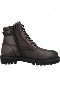 Brune læder ankelstøvler med lynlås i siden, snørebånd fortil, polstret krave og robust gummisål med skrid- og trækfurer.