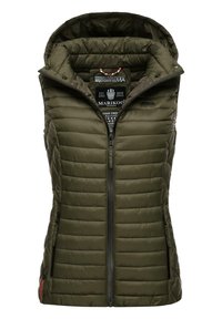 Olīvu zaļš pūkains veste ar rāvējslēdzēju, kapuci un quilting tekstūru, ar sānu kabatām un logo tagu iekšpusē apakšējā daļā.